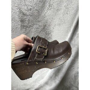 Vtg 90s Route 66 Women’s 9.5 Brown Chunky Wood Platform Mule Clog Faux Leather